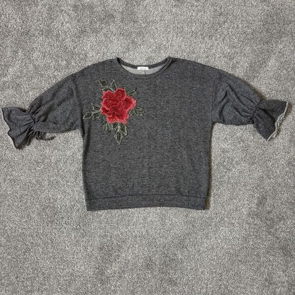 Voila Tops - Voila Sweater Womens Medium Gray Rose Embroidered 3/4 Bell Sleeve Pullover Knit